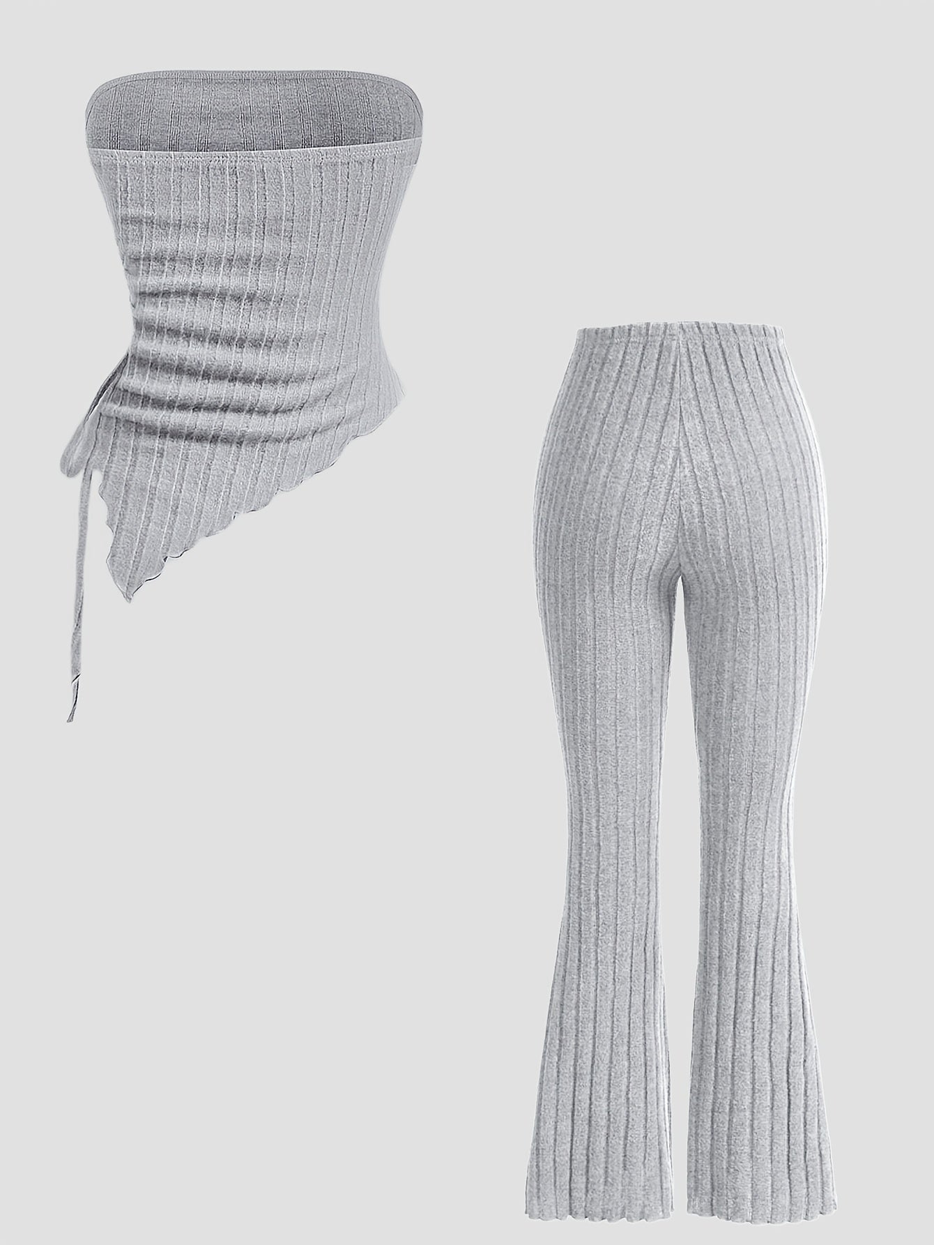 Ribbed Solid Color Casual Pantsuits, Strapless Backless Drawstring Asymmetrical Tube Top & Flare Leg Pants Outfits, Women's Clothing